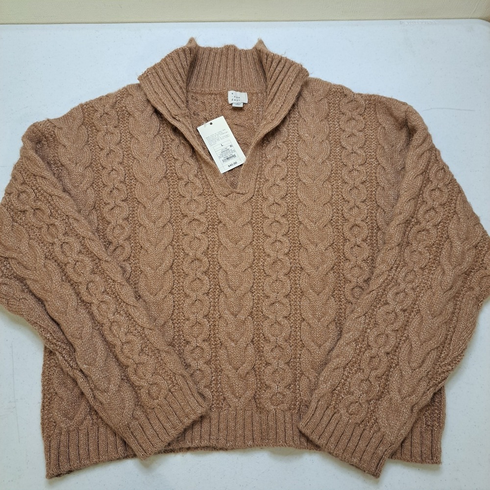 A New Day Womens Sweater Large Brown NWT Cable Knit Collared 1883-320